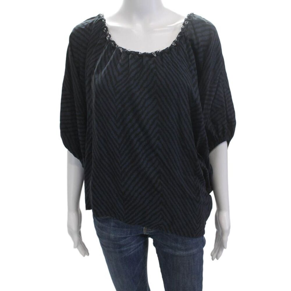 Chelsea Flower Women Dark Blue Herringbone Bohemian Short Sleeve Blouse Size S